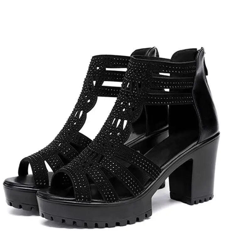 black rhinestone fish mouth medium platform sandals with a chunky heel and intricate cut-out design across the straps