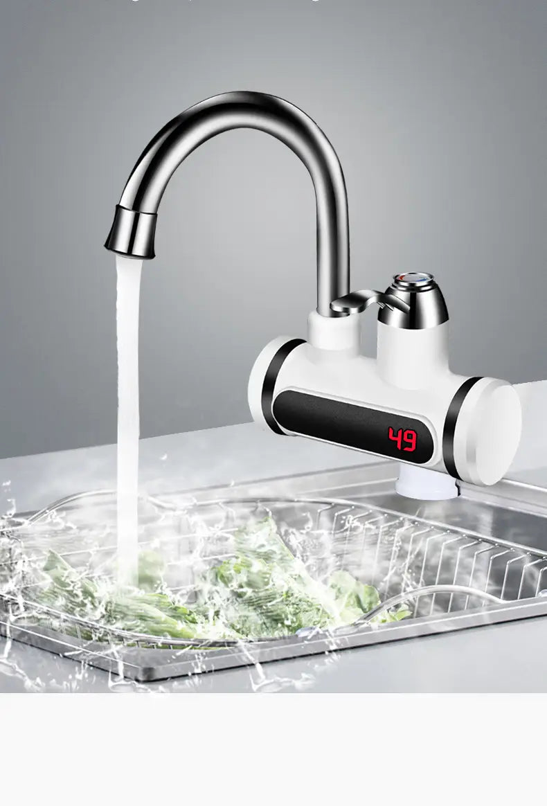 Modern kitchen electric water heater faucet with sleek chrome spout and white body featuring a digital display showing temperature
