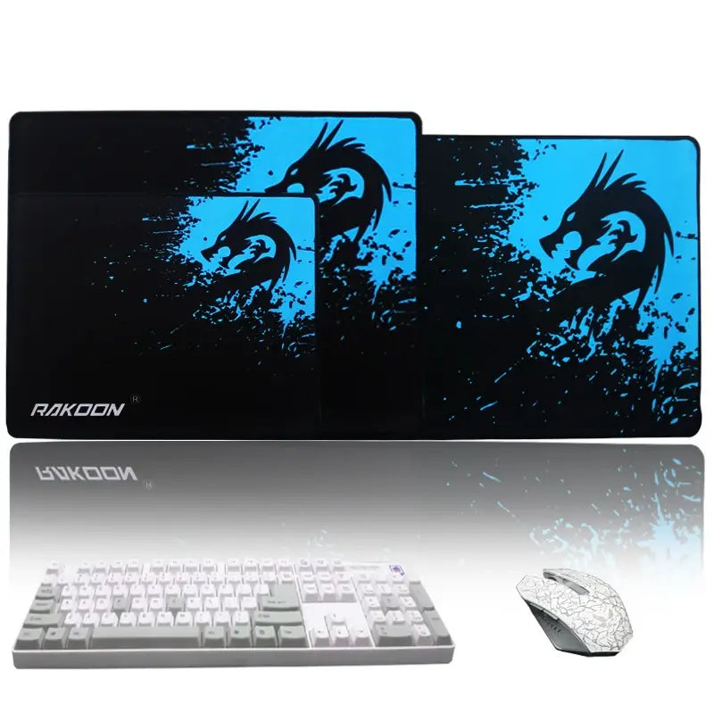 rakoon brand high quality mouse pad set featuring black surfaces with vibrant blue dragon silhouettes and splatter effects designed for gaming and luxury women’s fashion use