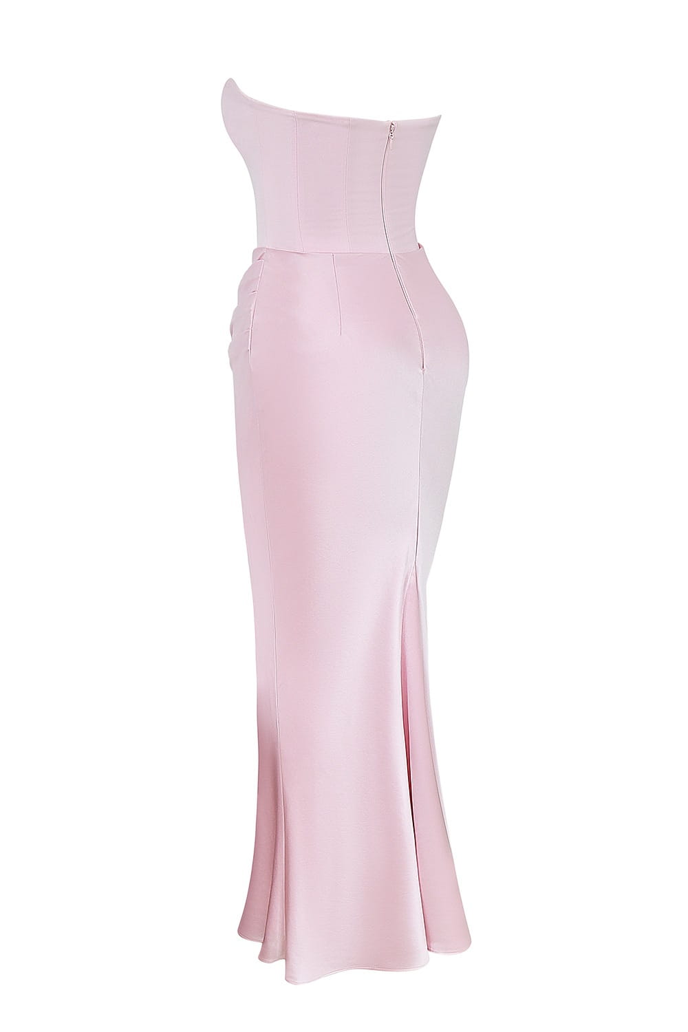 A sleek pink satin long dress sexy fashion with a strapless fitted corset-style bodice and a flared mermaid skirt perfect for sexy fashion bandeau occasions.