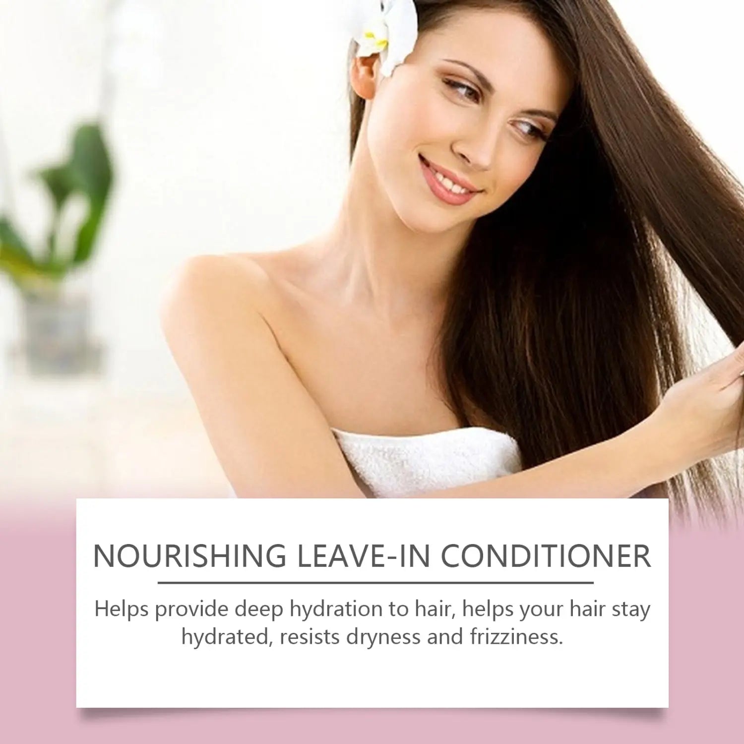 A woman with long dark brown hair wearing a white towel and a white flower in her hair demonstrates nourishing disposable hair care using a leave-in spray.
