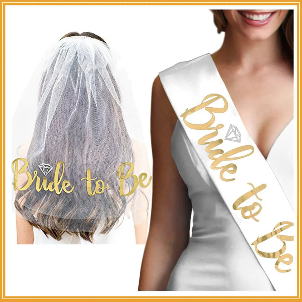 white bridal sash with gold foil bride to be lettering and diamond-shaped embellishments paired with pink gold foil bride to be bridal veil popular tulle for a bridal veil popular accessory
