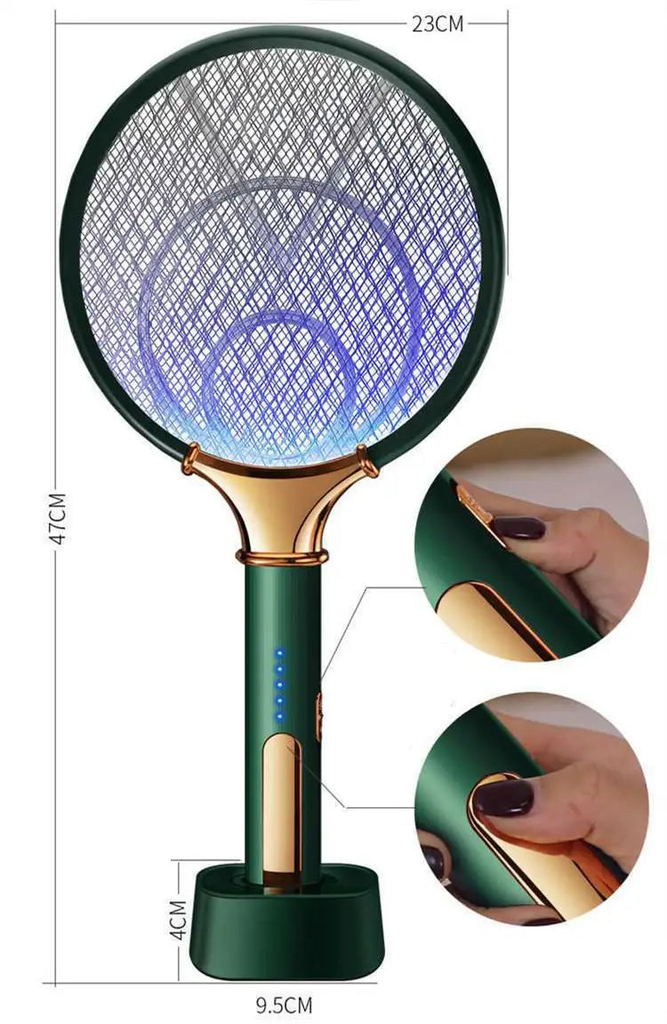 Green and gold modern home bedroom electric mosquito swatter with a glowing blue mesh designed for effective bedroom electric mosquito control.