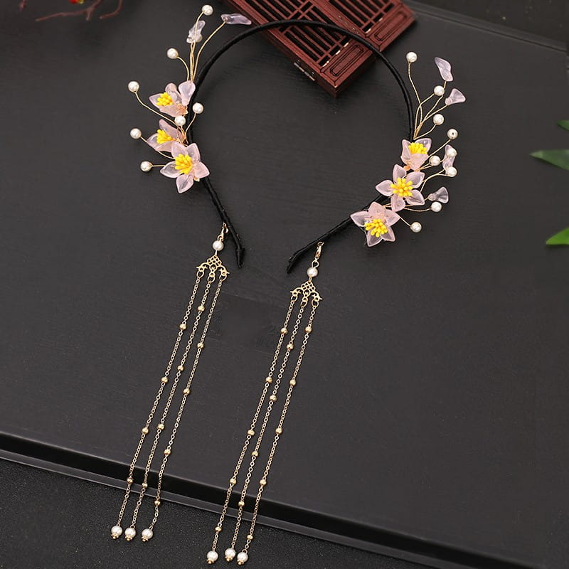 Elegant black floral hanfu tassels girls fashion headband adorned with delicate pink and yellow floral embellishments, pearl accents, and cascading gold chain tassels.