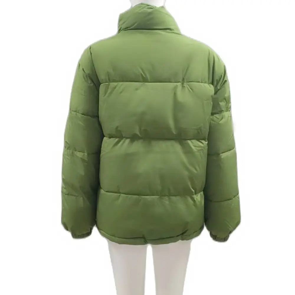 Olive green winter coat women casual puffer jacket with quilted panels and high collar designed as a women casual windproof jacket.