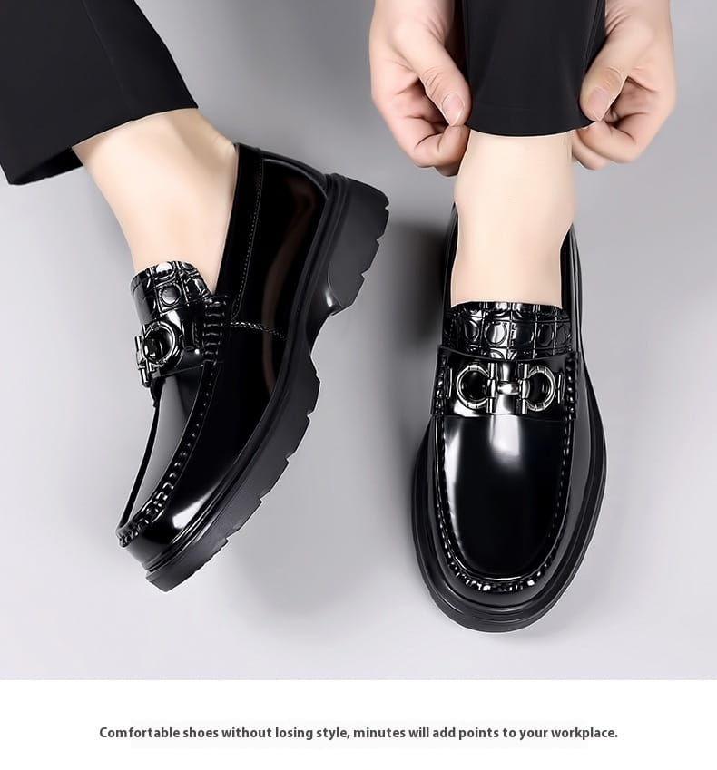 Black patent leather loafers with a chunky platform retro sole and silver-toned horsebit buckle detail for retro casual shoes.