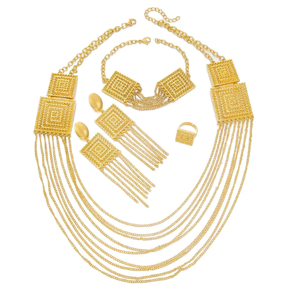5pcs fashion ladies 18k gold plated jewelry set featuring a gold toned geometric design with intricate square and chain elements.