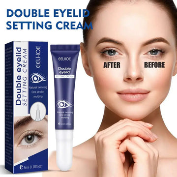 Blue and white tube of eelhoe double eyelid fixing cream with clear cap for natural double eyelid enhancement
