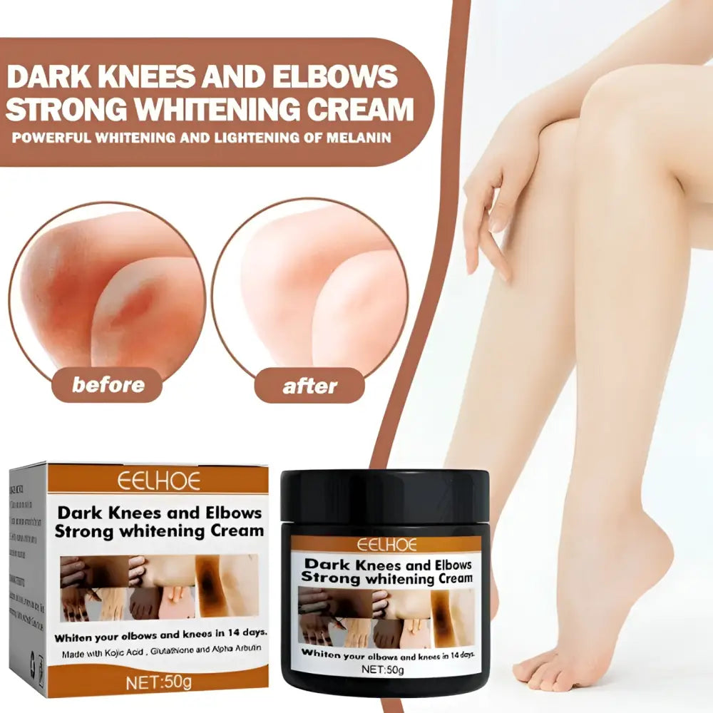 Black jar of eelhoe joint darkening and brightening cream for knees and elbows with white label and orange accents