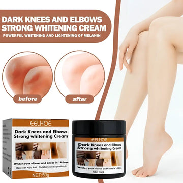Black jar of eelhoe joint darkening and brightening cream for knees and elbows with white label and orange accents