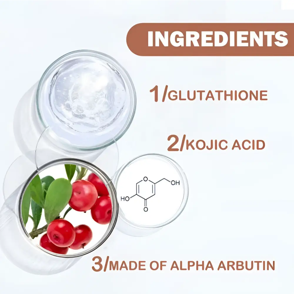 Three clear glass petri dishes with ingredients ice cubes glutathione red berries kojic acid and eelhoe joint darkening brightening cream