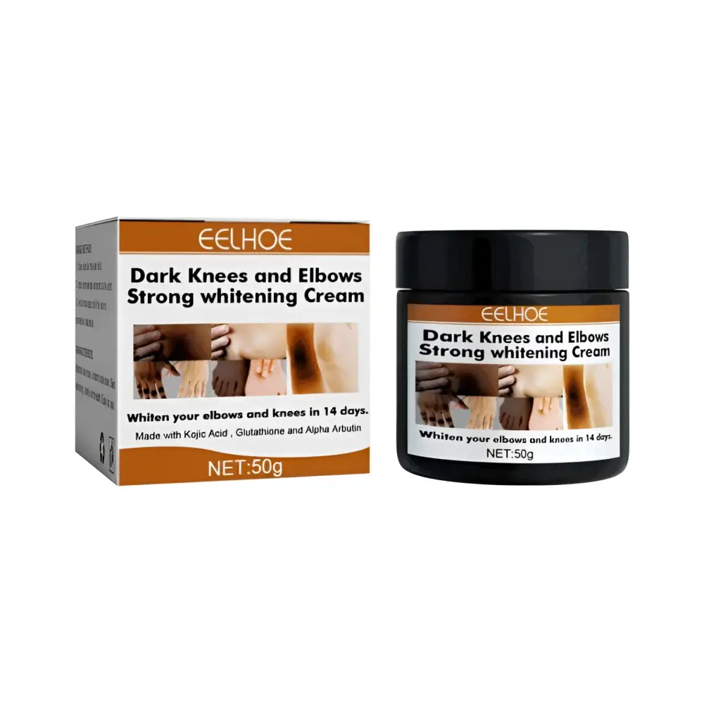 Eelhoe joint darkening and brightening cream in a black jar with orange label and matching box for dark knees elbows