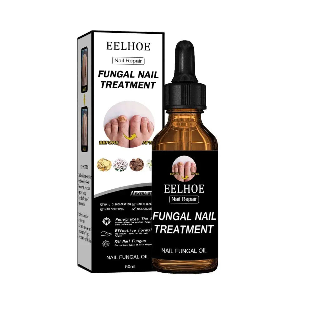 Eelhoe nail repair liquid fungal treatment in a 50ml amber glass dropper bottle with black cap and label
