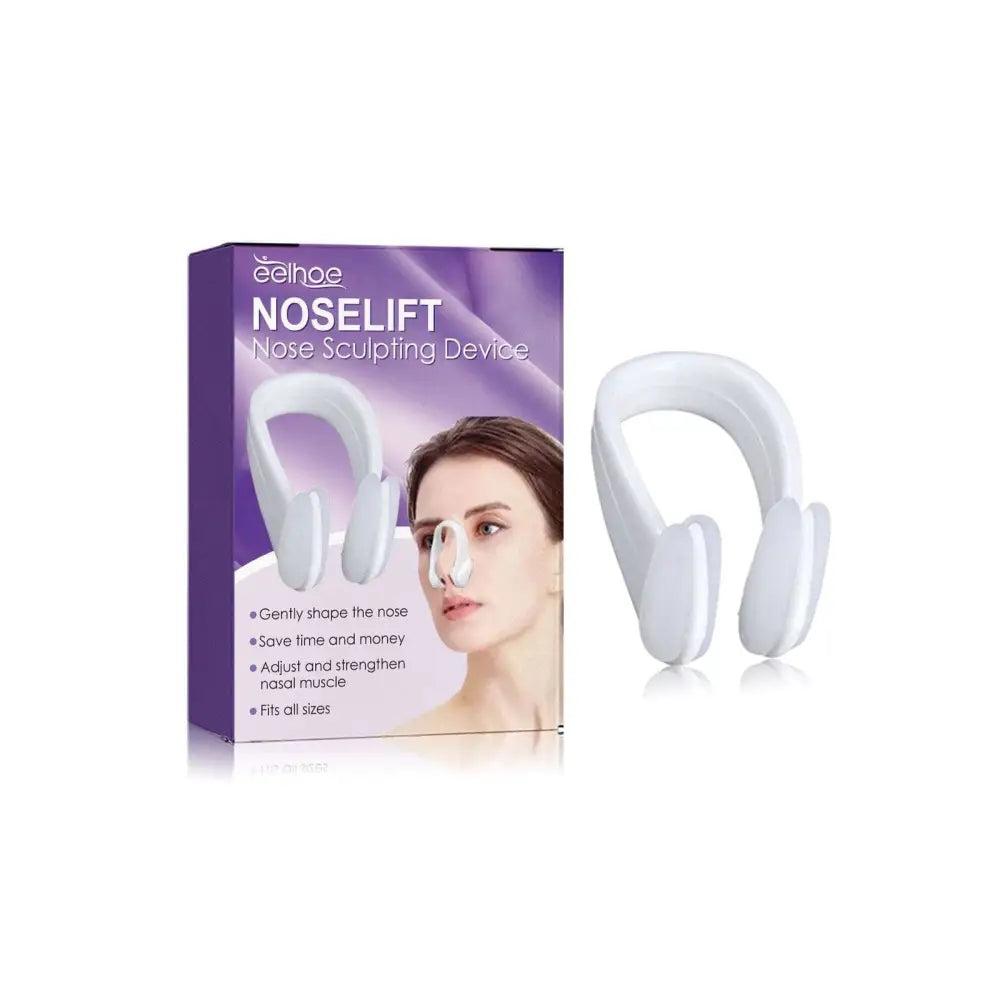 White plastic eelhoe nose shaper with adjustable ear pads and central nasal bridge for nose shaper tightening and straightening