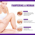 A woman in a white tank top gently rests her hand on her leg in an ad for eelhoe rejuvenator areola intimate area essence