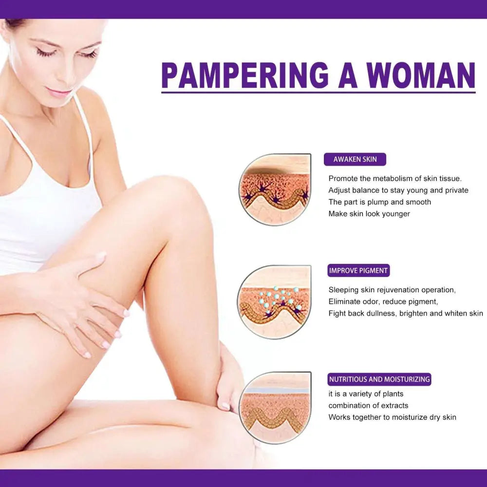 A woman in a white tank top gently rests her hand on her leg in an ad for eelhoe rejuvenator areola intimate area essence