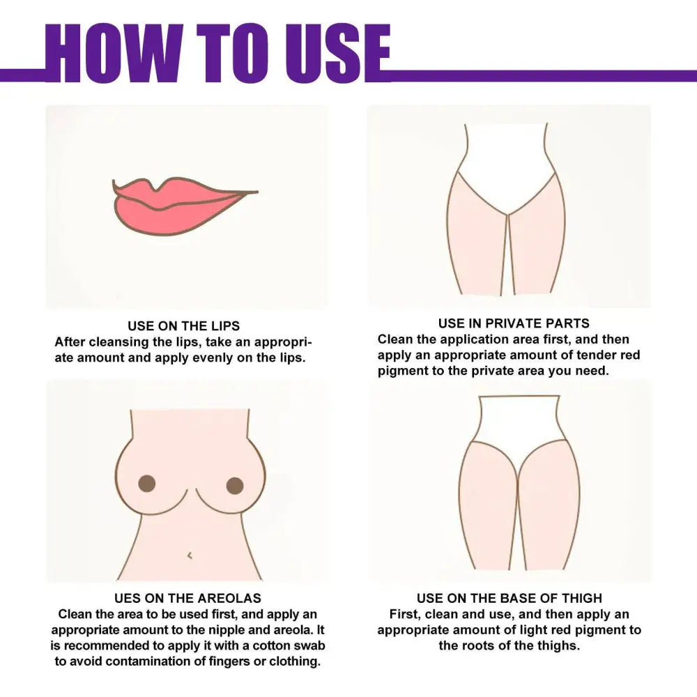 The eelhoe rejuvenator areola intimate area essence guide shows red pigment use on lips, areolas, thighs, and private parts