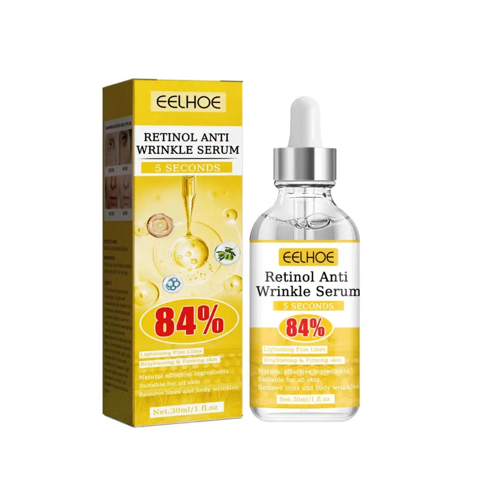 Eelhoe retinol anti-wrinkle serum in a clear glass bottle with silver dropper and yellow label beside matching box