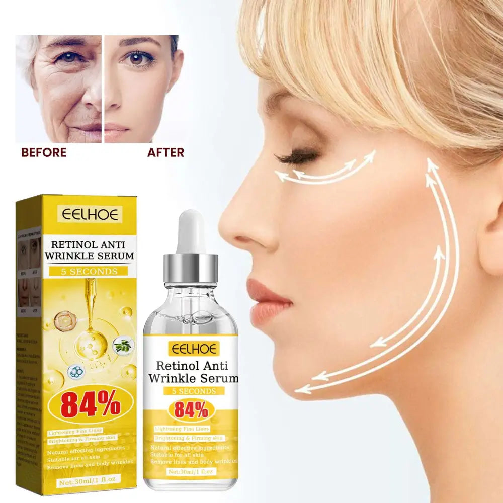 Clear glass bottle with silver dropper and yellow label eelhoe retinol anti-wrinkle serum next to matching box