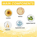 Six components of eelhoe retinol anti-wrinkle serum in clear spheres including amber lecithin and orange retinol oil
