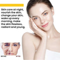 A woman with blue eyes and radiant skin gently touching her face using eelhoe retinol anti-wrinkle serum