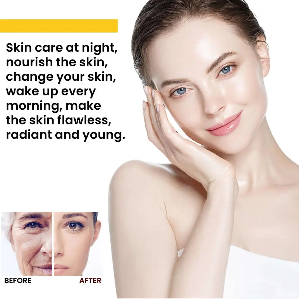A woman with blue eyes and radiant skin gently touching her face using eelhoe retinol anti-wrinkle serum