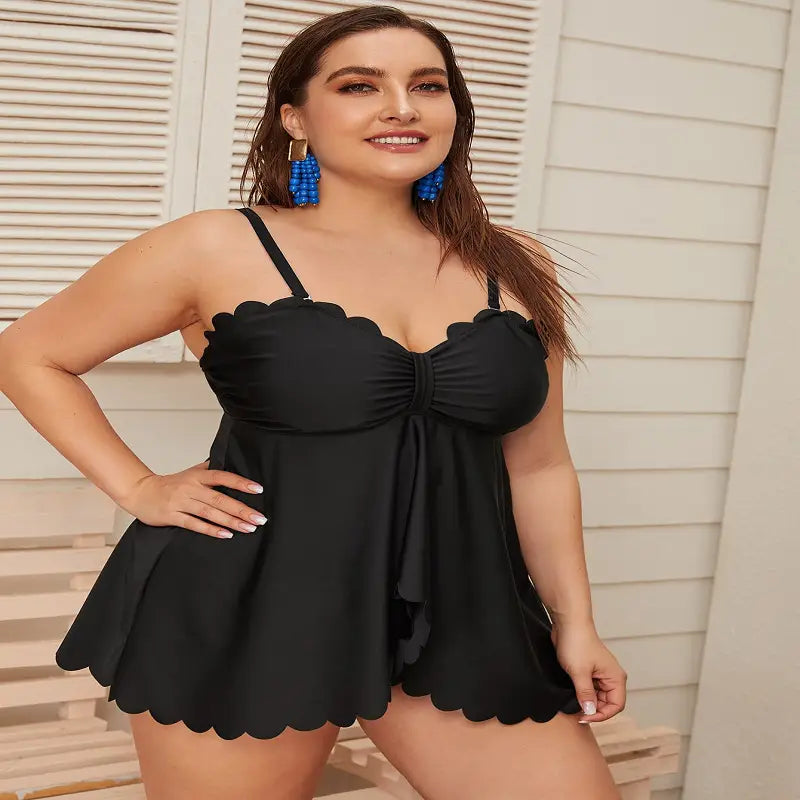 black scalloped-edge one-piece swimsuit with thin straps and ruched bodice featured as part of plus size bottoms two piece set