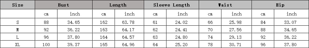 Size chart for a black sequined long sleeve round neck evening dress showing measurements in centimeters and inches for sizes S through XL.