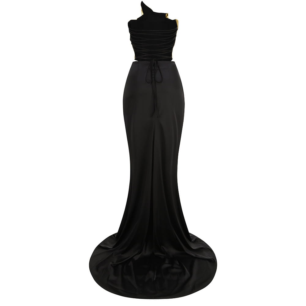 black satin slit mop black two-piece set featuring a one-shoulder mermaid gown with a ruched bodice and set sexy lacing details