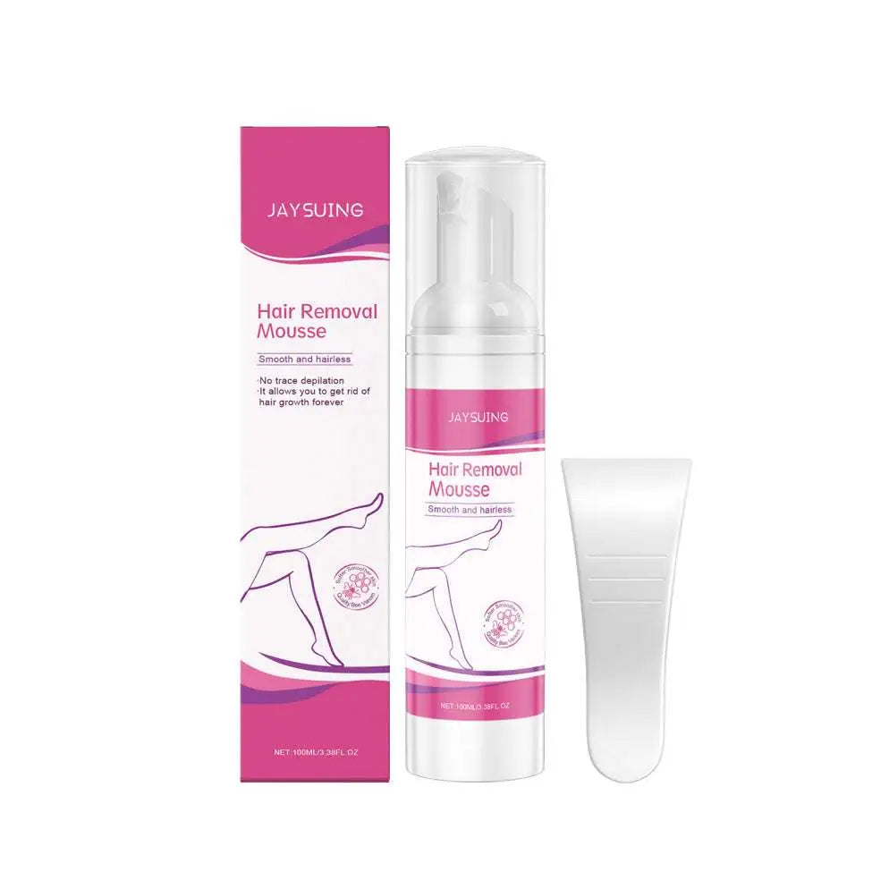 Effective hair removal mousse for body care in pink and white jaysuing hair removal clear pump bottle with matching packaging