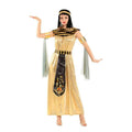 Golden shimmering egyptian goddess halloween costume masquerade cleopatra with black gold accents and hieroglyphic gown panel