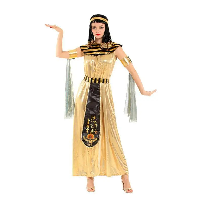 Golden shimmering egyptian goddess halloween costume masquerade cleopatra with black gold accents and hieroglyphic gown panel