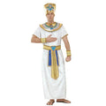 White egyptian pharaoh costume with gold and blue accents featuring tall golden headdress for family halloween celebration with female makeup
