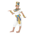 White and gold egyptian pharaoh costume with blue accents featuring headdress and embroidered collar for family halloween celebration