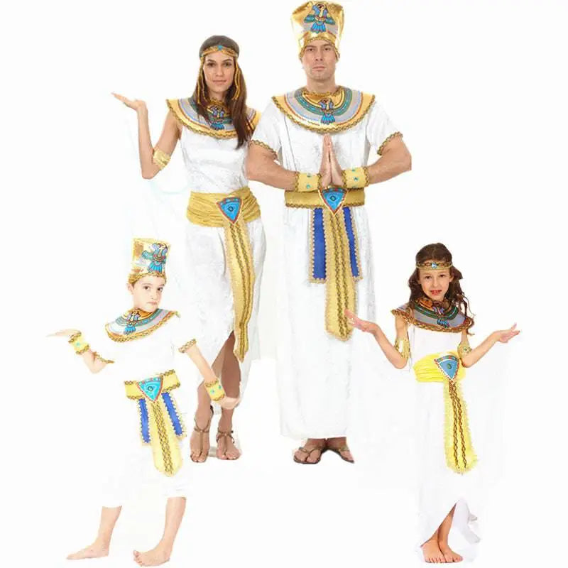 Egyptian family Halloween celebration costumes with white fabric gold blue accents headdresses necklaces and arm bands