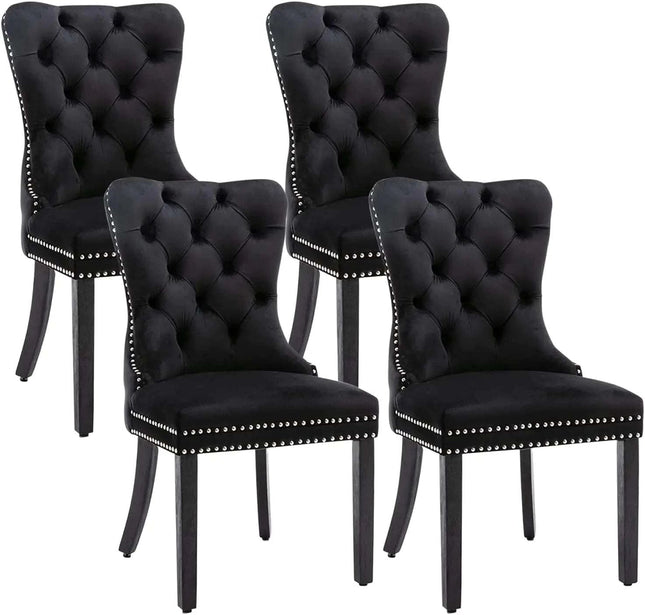Eifizek Velvet Dining Chairs Set of 4 Tufted Dining Room Chairs with Nailhead Ring Pull Trim Upholstered Dining Chairs with Solid Wood Legs for Kitchen Dining Room (Black) - Royalessencelux