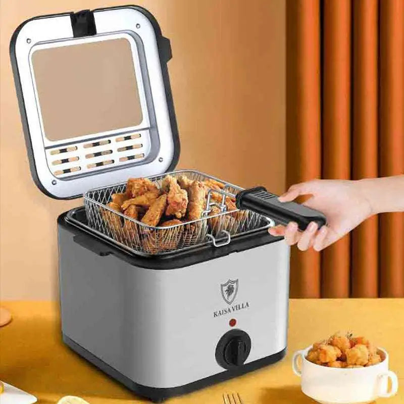 Silver and black kaisavilla electric air fryer with transparent lid, metal basket, and control knob for cooking french fries
