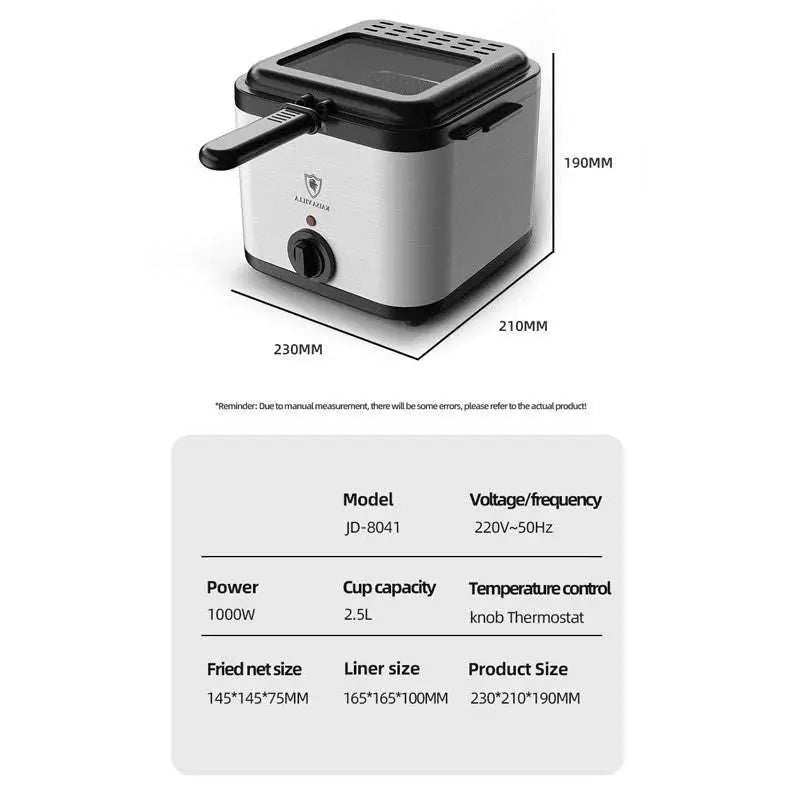 Silver and black electric air fryer with handle, control knob, perforated transparent lid for cooking french fries