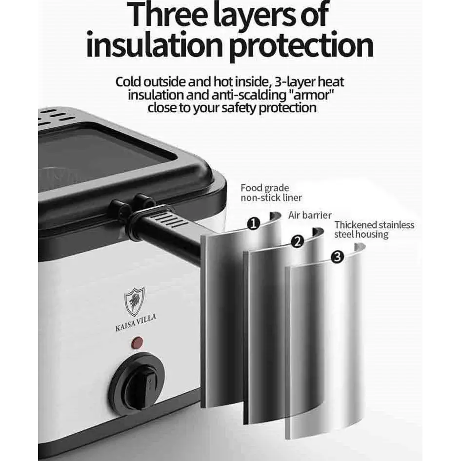 White and black Kaisa Villa electric air fryer with transparent lid, stainless steel housing, and non-stick liner for cooking french fries