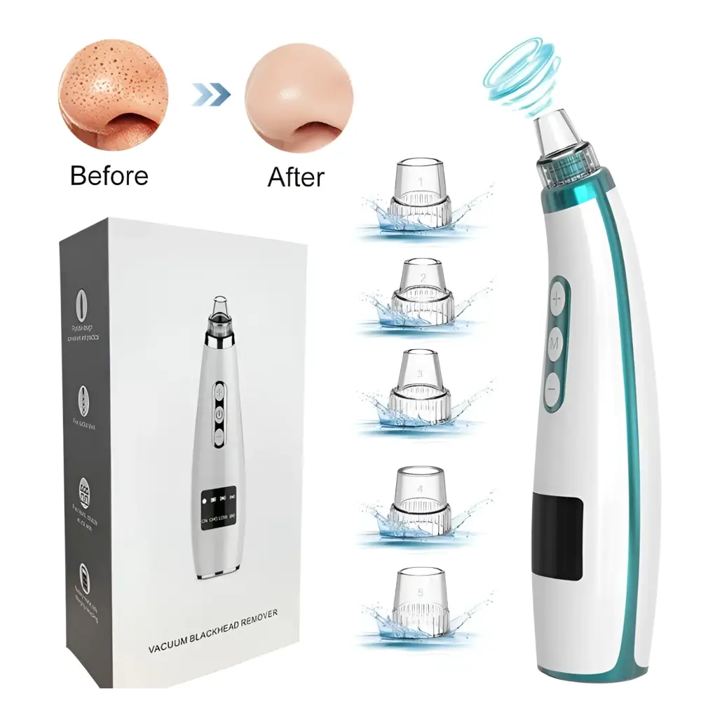 White and teal electric black head suction instrument with sleek ergonomic design for effective pore cleansing
