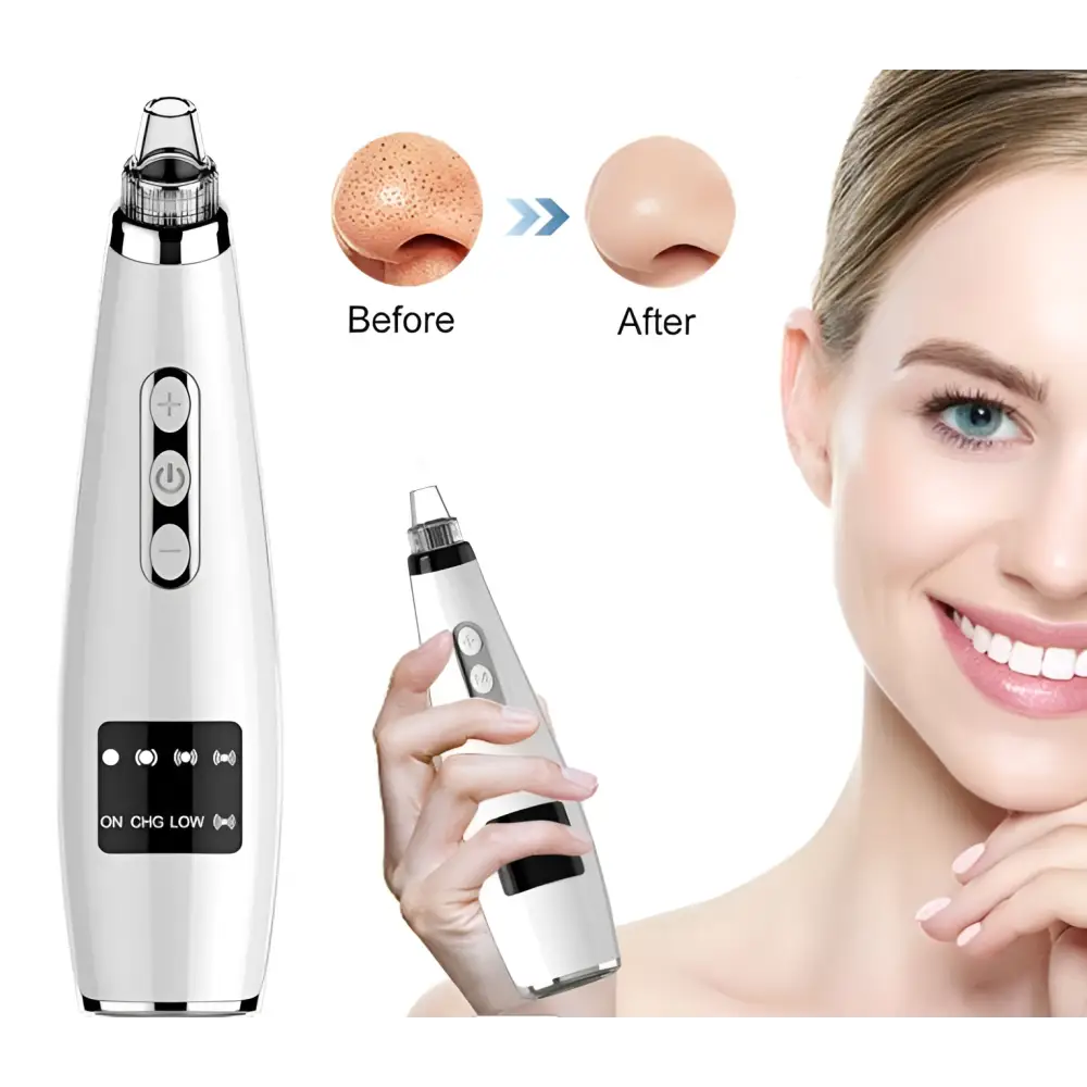 Silver and black electric black head suction instrument with sleek ergonomic design for effective skincare use