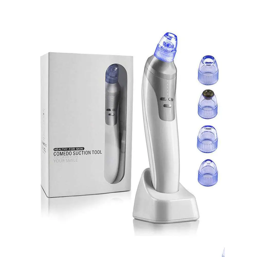 Silver and blue electric blackhead suction instrument with interchangeable tips and base for effective blackhead removal