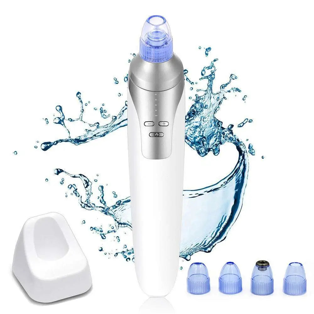 Silver and white electric blackhead suction instrument with translucent blue tip and multiple attachments for effective blackhead removal