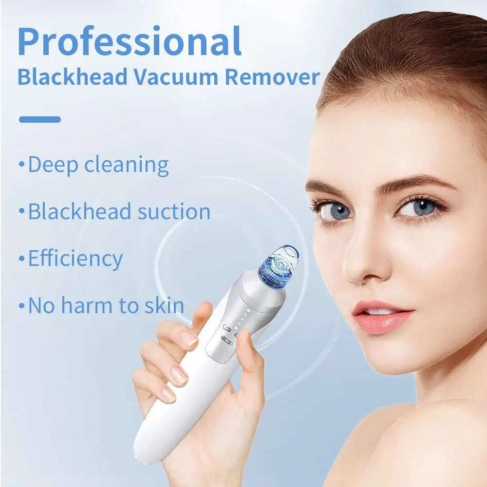 Electric blackhead suction instrument in white and silver with blue-tinted tip for effective blackhead removal