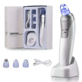 Silver and blue electric blackhead suction instrument with interchangeable tips charging base and usb cable for effective blackhead removal