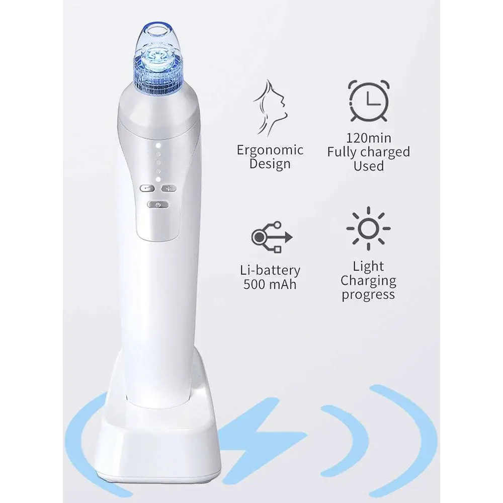 Silver and blue electric blackhead suction instrument with interchangeable tips charging base and usb cable for effective blackhead removal
