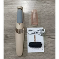 Beige and rose gold electric foot grinder with gray rubber roller head and rechargeable battery for efficient foot care