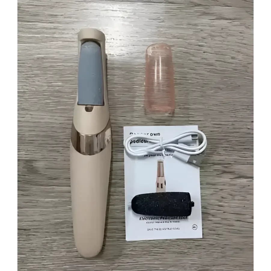 Beige and rose gold electric foot grinder with gray rubber roller head and rechargeable battery for efficient foot care