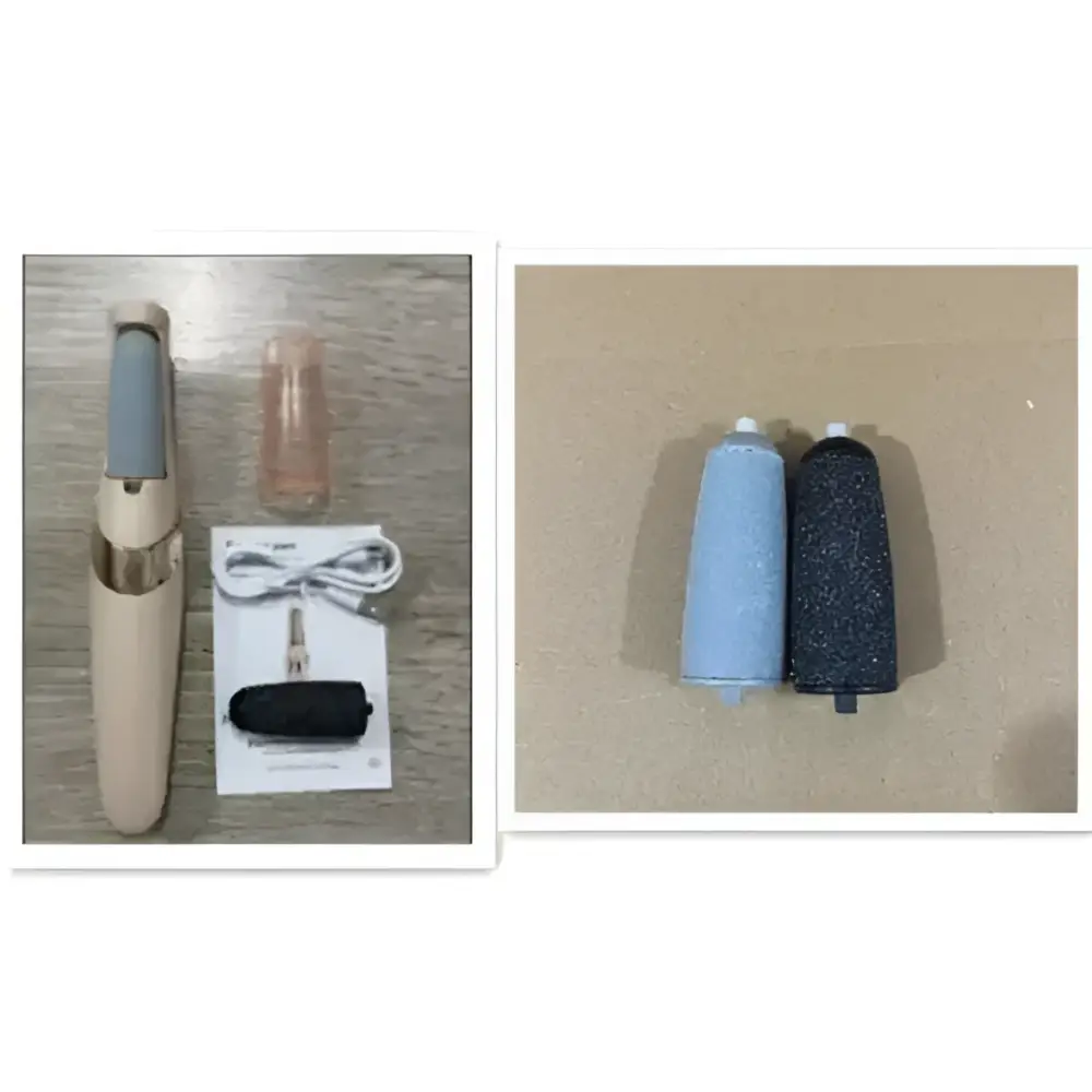 Beige and gold electric foot grinder with textured spray canisters and matching replacement attachments for foot care tool with rechargeable battery