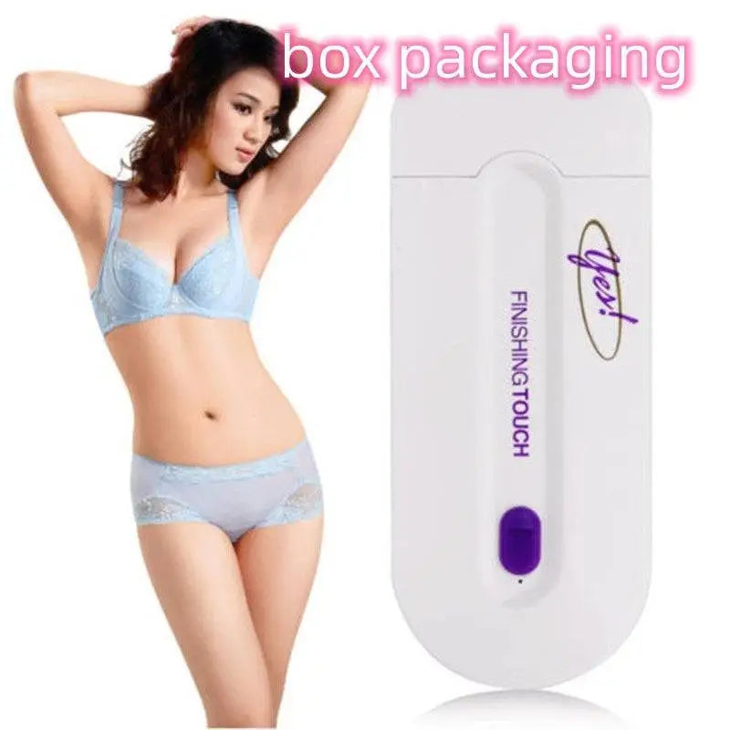 Electric hair removal device with sensa-light head in white and purple featuring a sleek ergonomic design